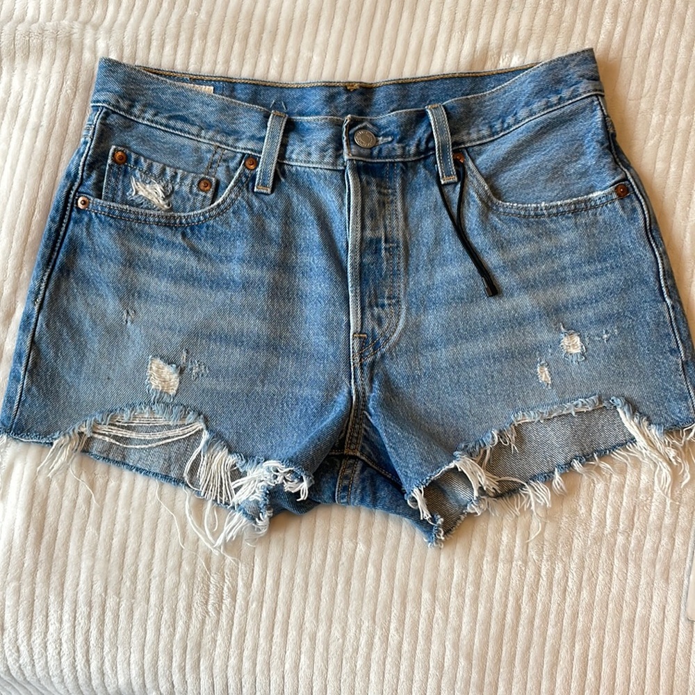 Levis Premium 501 Women's Original High Rise Denim Distressed Blue Shorts